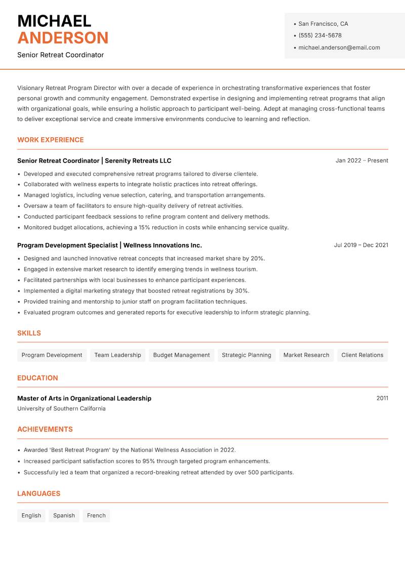 Retreat Program Director resume template — Modern Professional