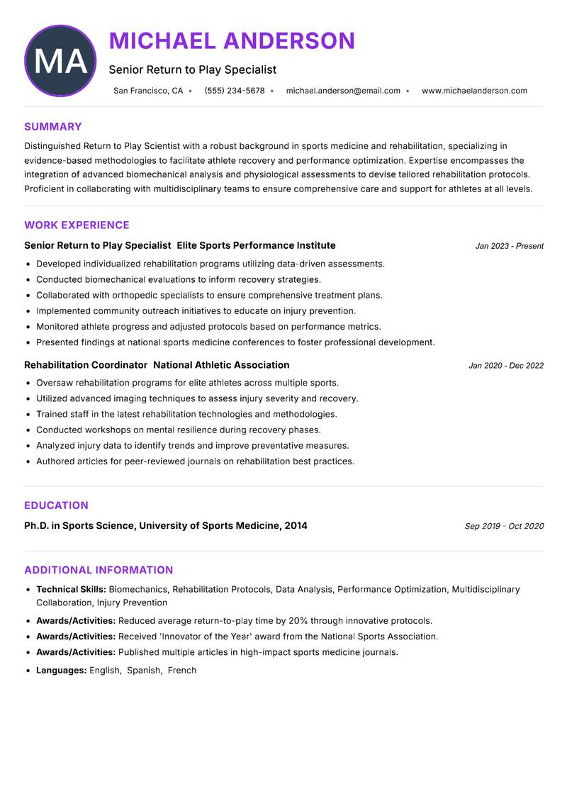Return to Play Scientist resume example — ATS-friendly template