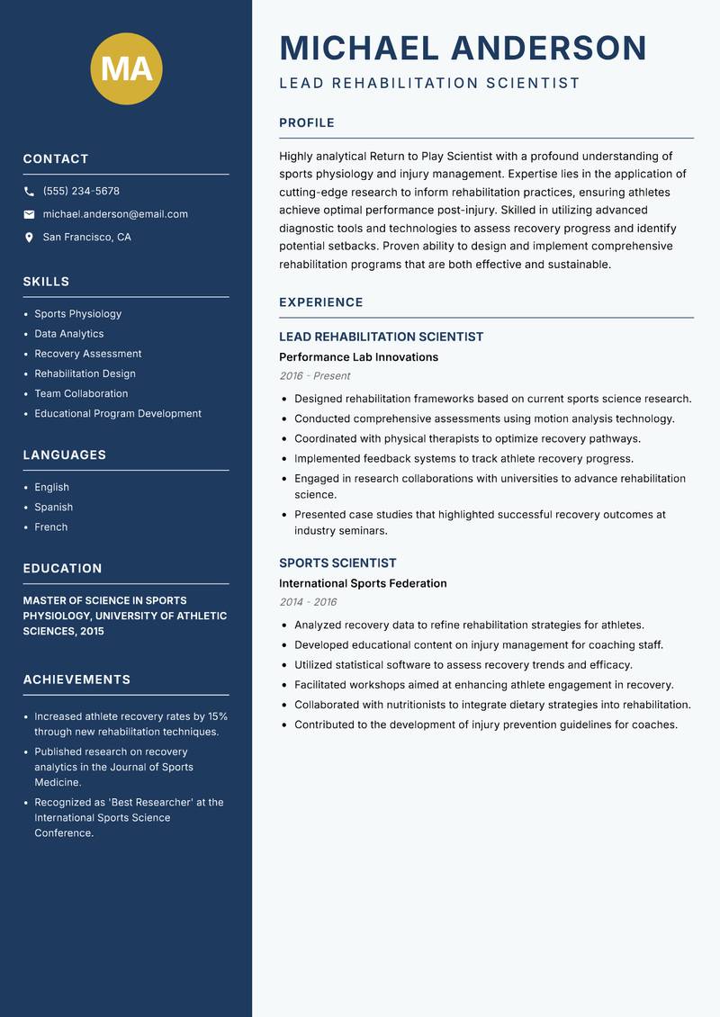 Return to Play Scientist resume template — Classic Clean