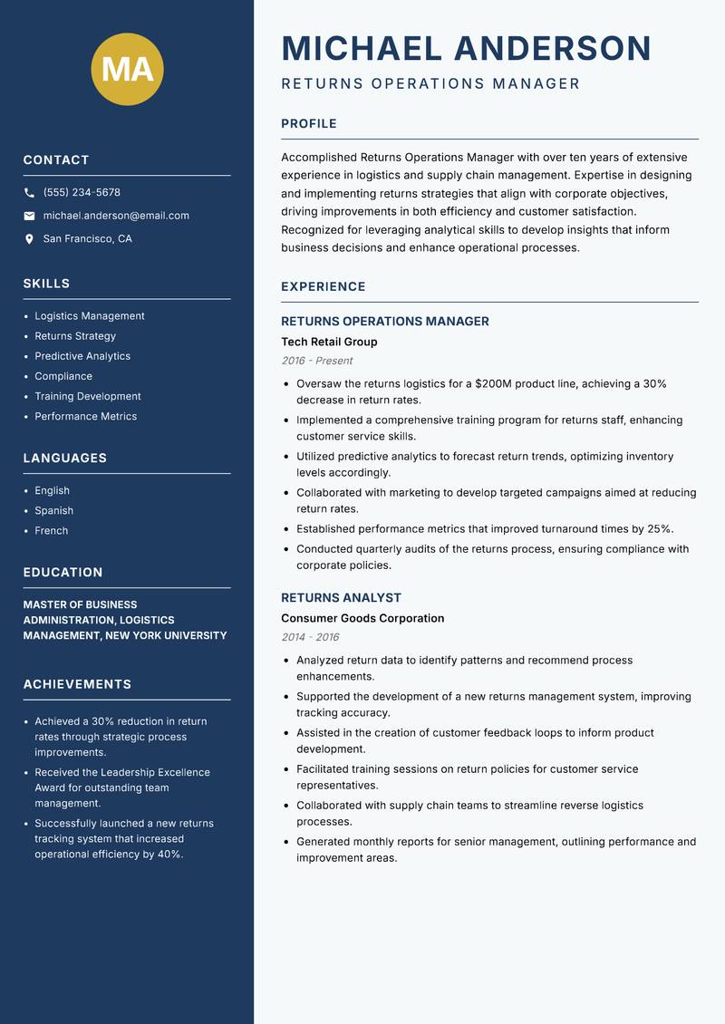 Returns Operations Manager resume template — Classic Clean