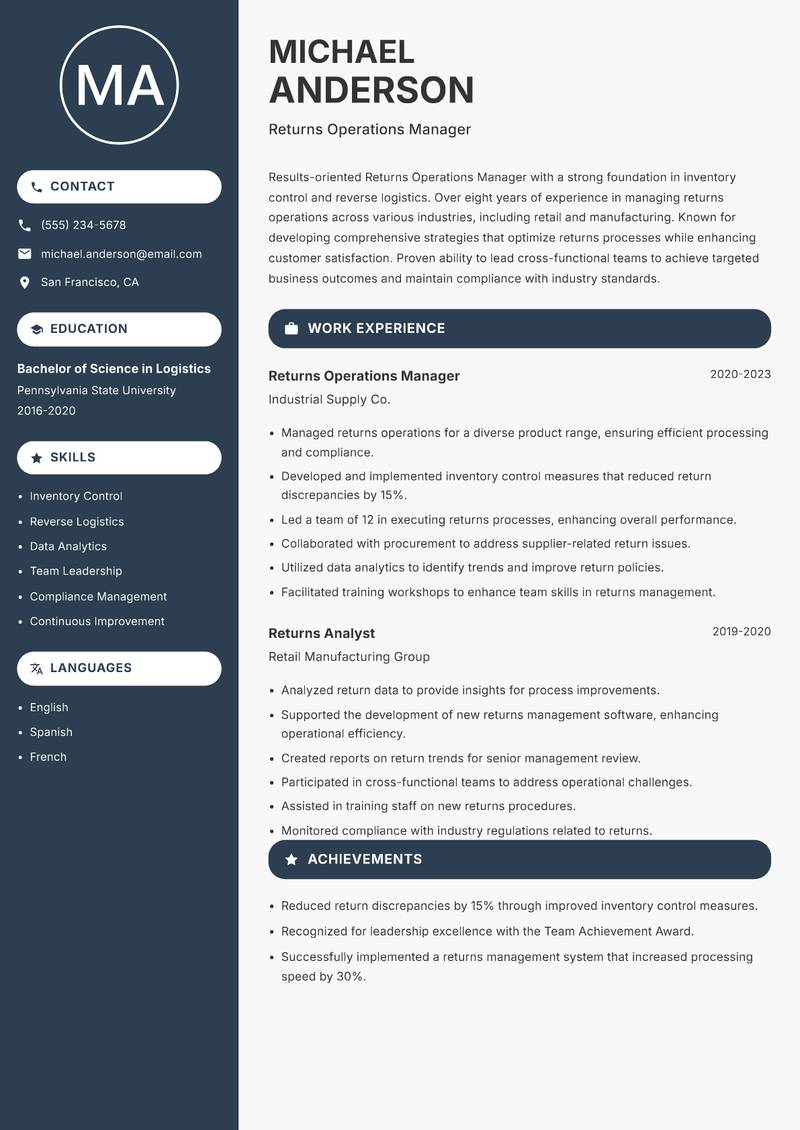 Returns Operations Manager resume template — Compact