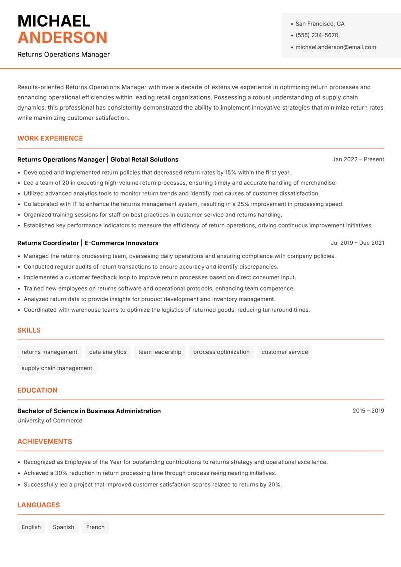 Returns Operations Manager resume template — Modern Professional