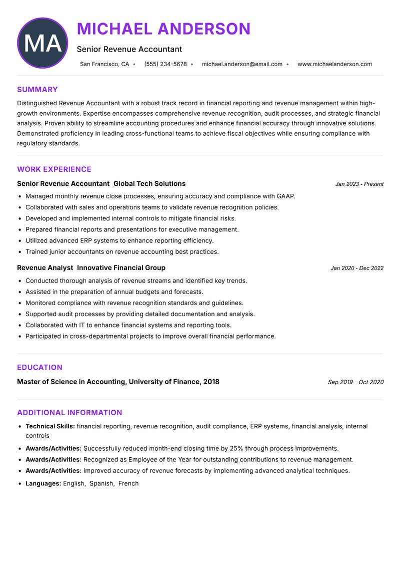 Revenue Accountant resume example — ATS-friendly template