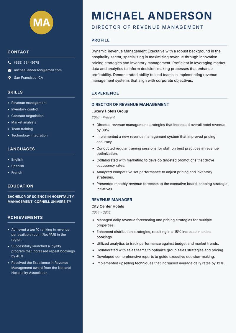 Revenue Management Executive resume template — Classic Clean