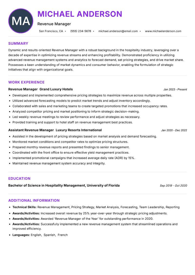 Revenue Manager Hospitality resume example — ATS-friendly template