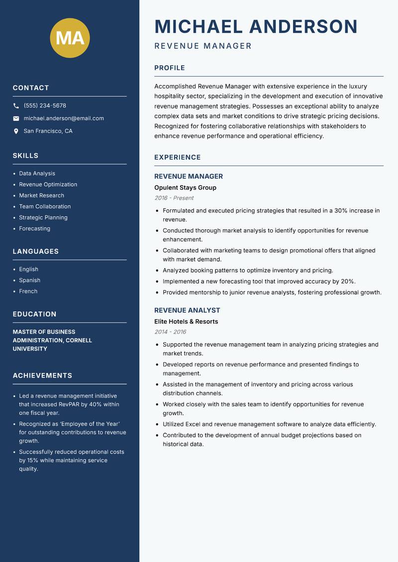 Revenue Manager Hospitality resume template — Classic Clean