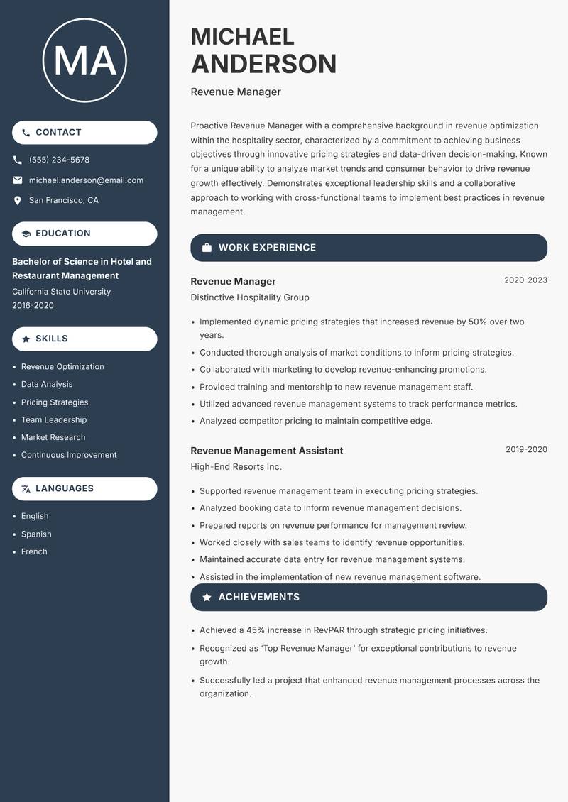 Revenue Manager Hospitality resume template — Compact