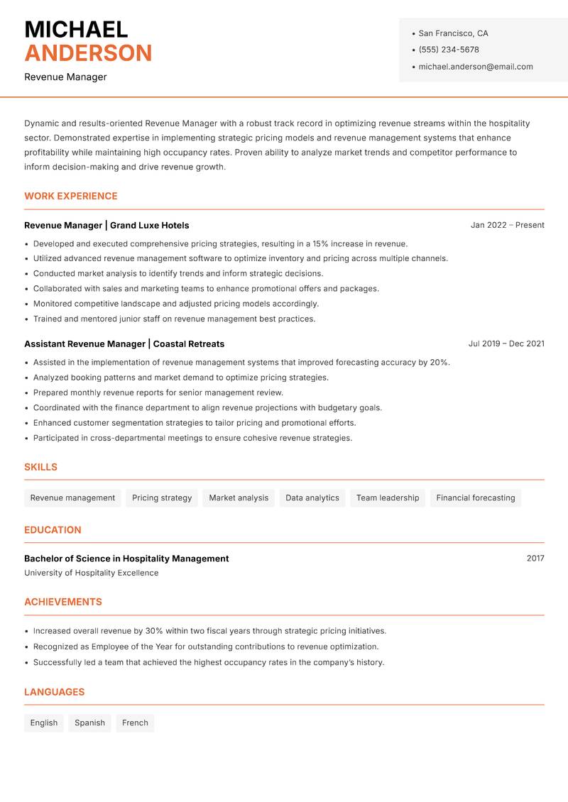 Revenue Manager Hospitality resume template — Modern Professional