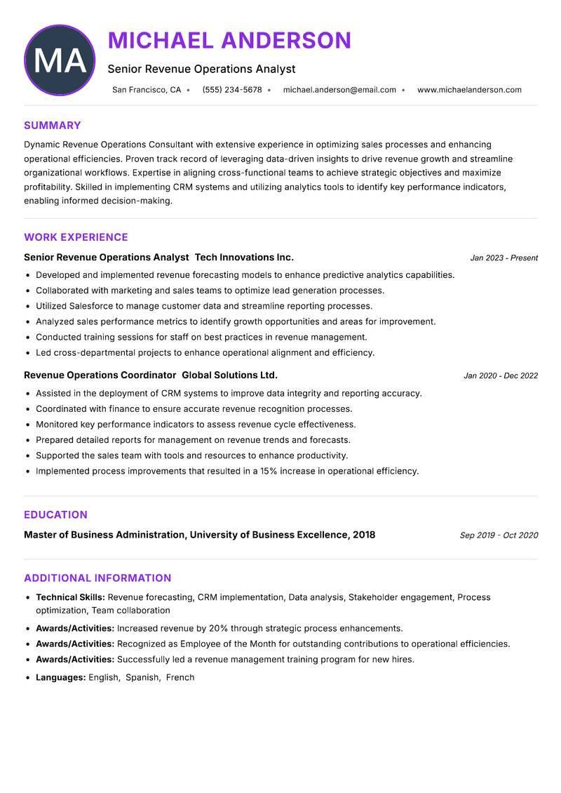 Revenue Operations Consultant resume example — ATS-friendly template