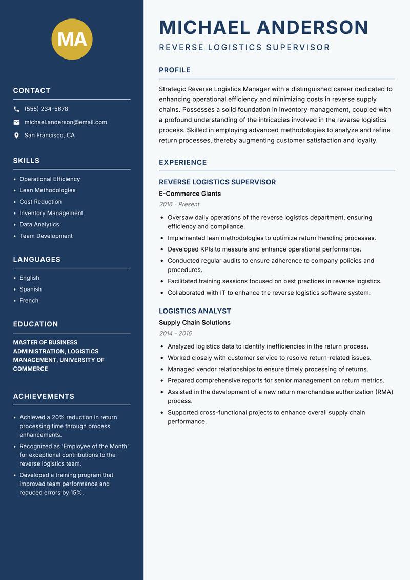 Reverse Logistics Manager resume template — Classic Clean