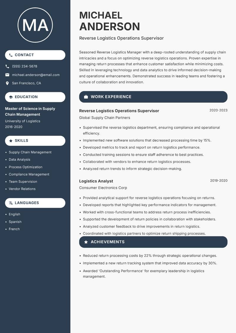Reverse Logistics Manager resume template — Compact