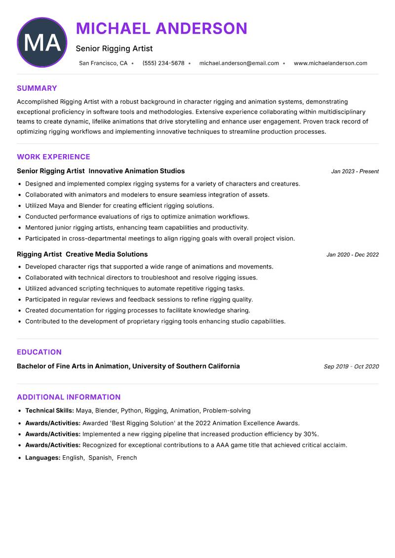 Rigging Artist resume example — ATS-friendly template