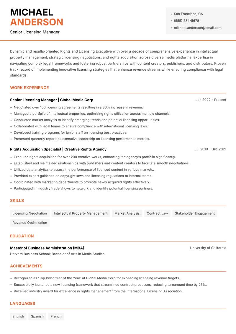 Rights and Licensing Executive resume template — Modern Professional