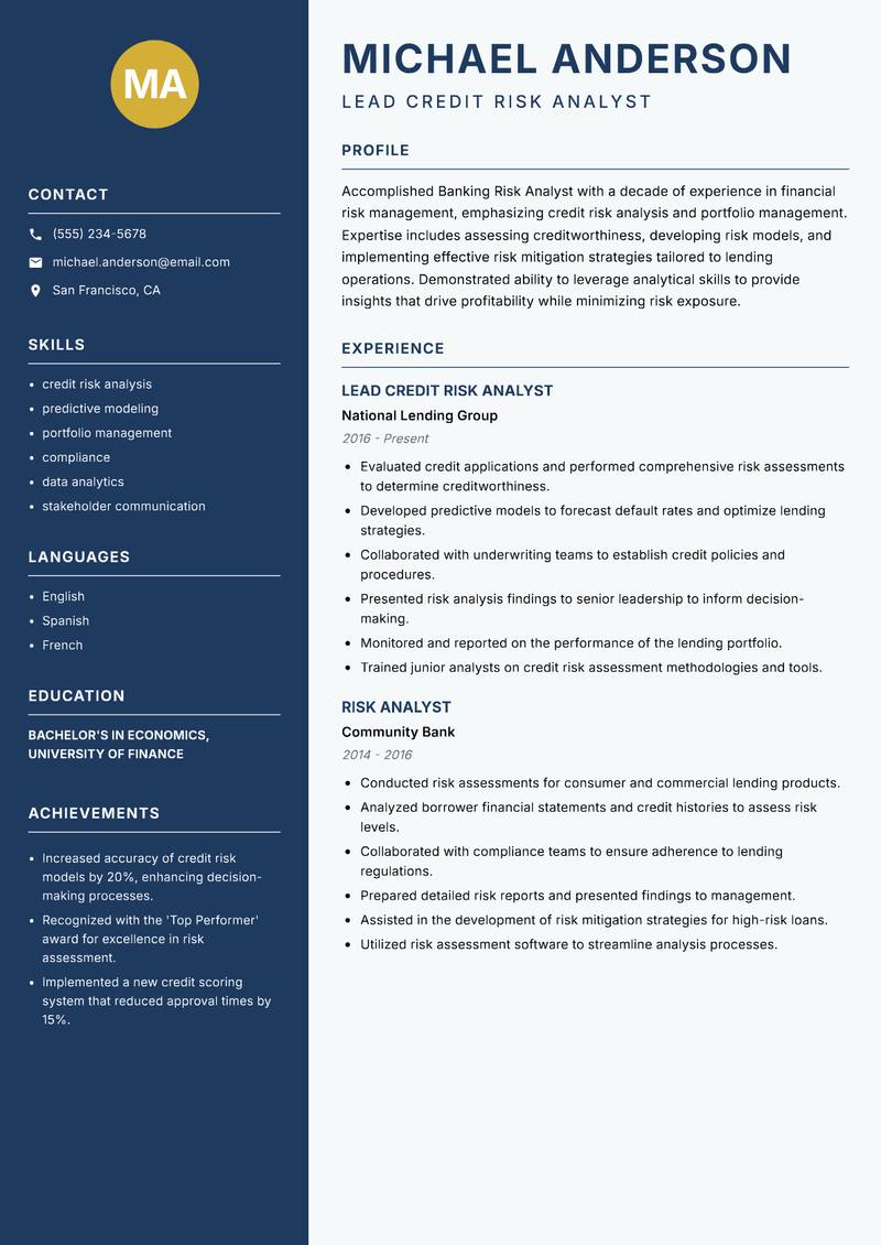 Risk Analyst Banking resume template — Classic Clean