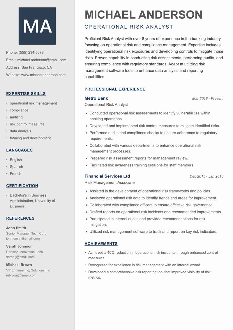 Risk Analyst Banking resume template — Creative Minimal