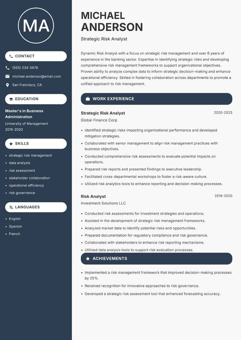 Risk Analyst Banking resume template — Compact