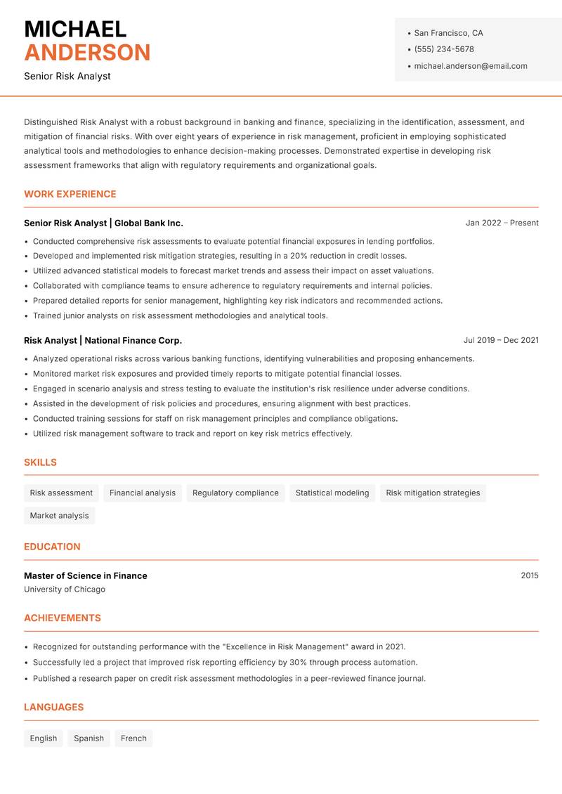 Risk Analyst Banking resume template — Modern Professional