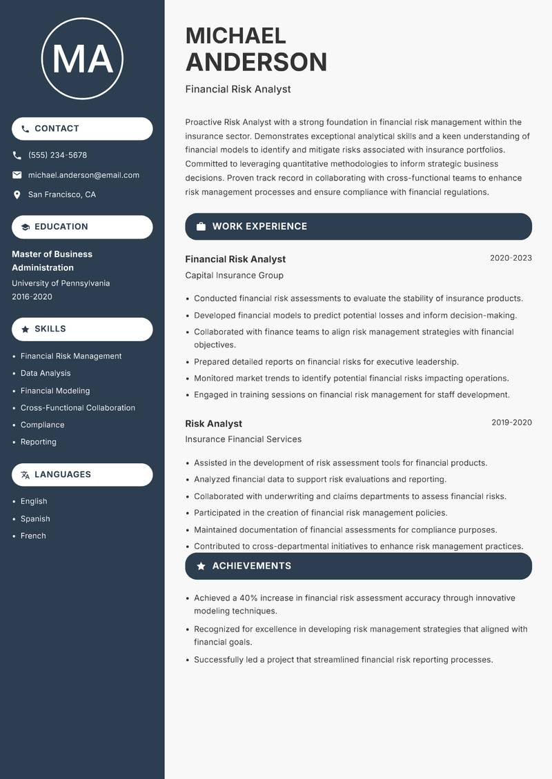Risk Analyst Insurance resume template — Compact
