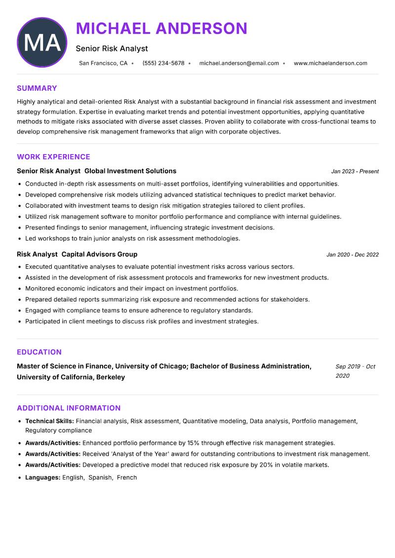 Risk Analyst Investments resume example — ATS-friendly template
