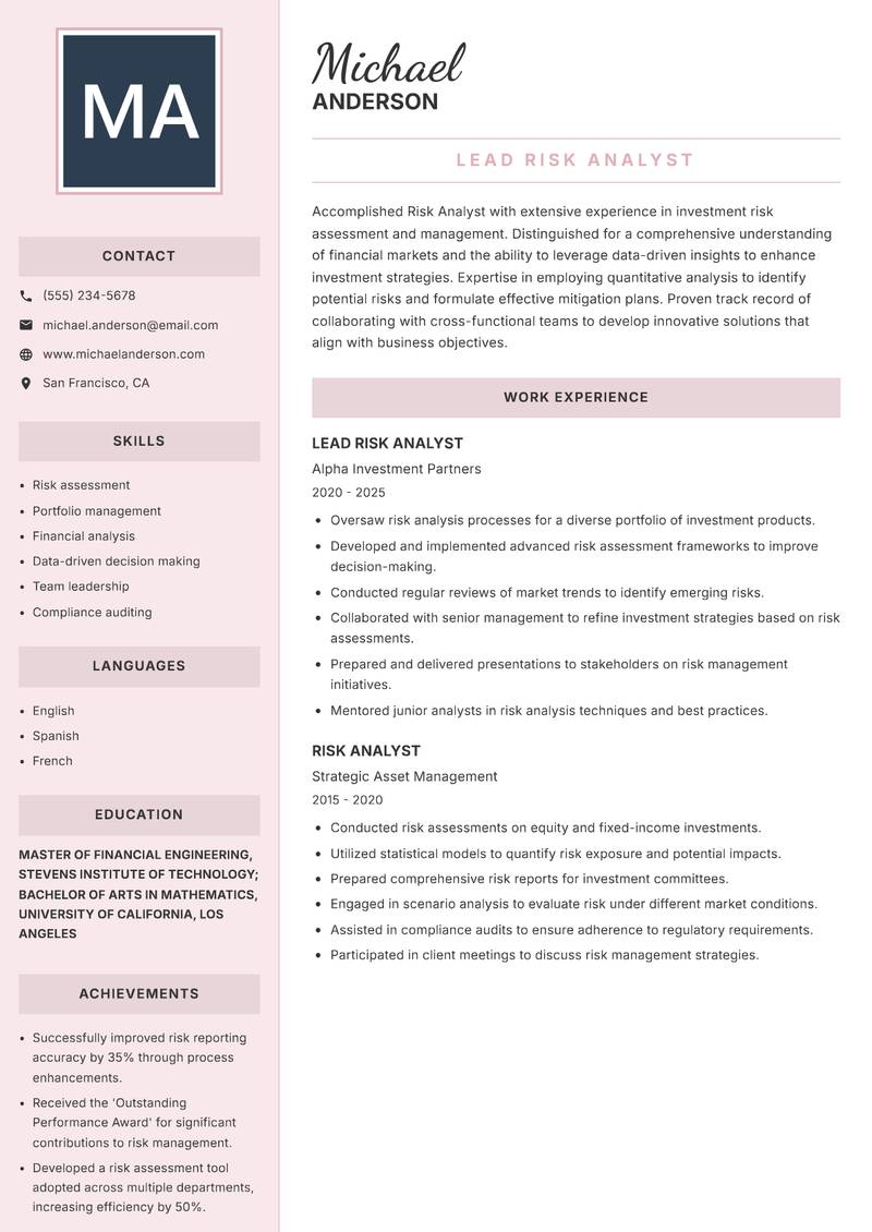 Risk Analyst Investments resume template — Executive