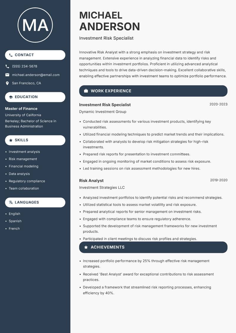 Risk Analyst Investments resume template — Compact