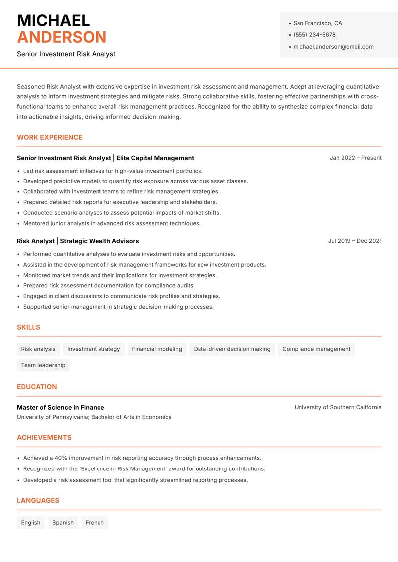 Risk Analyst Investments resume template — Modern Professional
