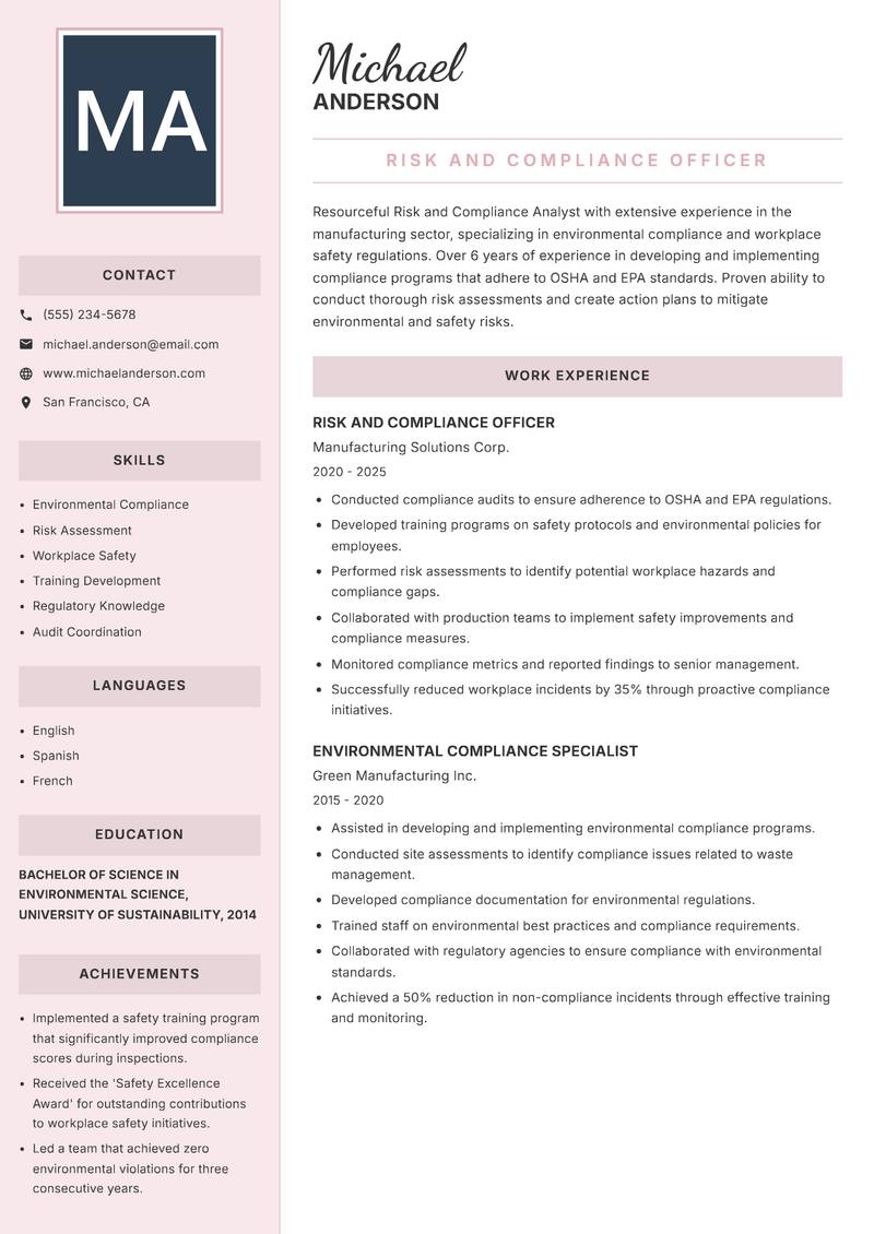 Risk and Compliance Analyst resume template — Executive