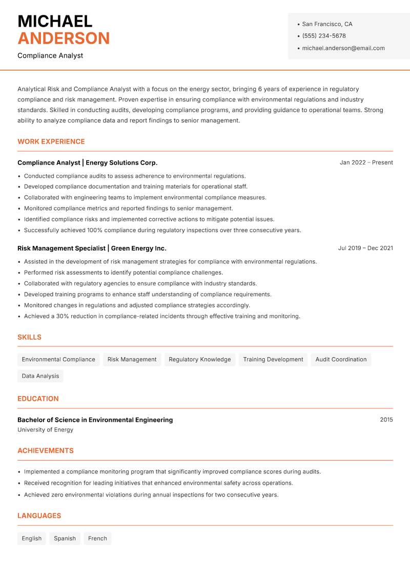 Risk and Compliance Analyst resume template — Modern Professional