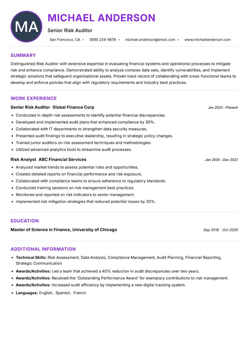 Risk Auditor resume example — ATS-friendly template