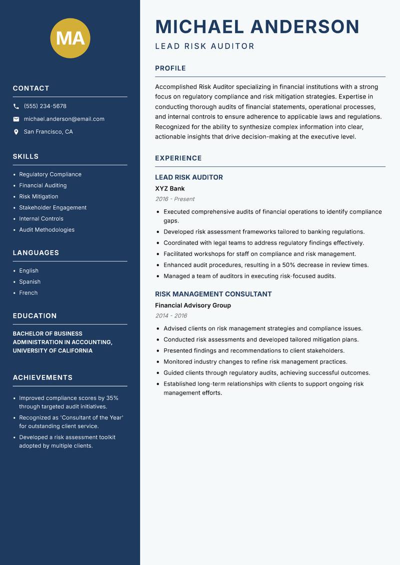 Risk Auditor resume template — Classic Clean