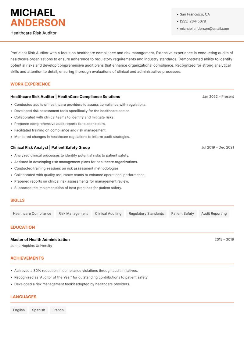 Risk Auditor resume template — Modern Professional