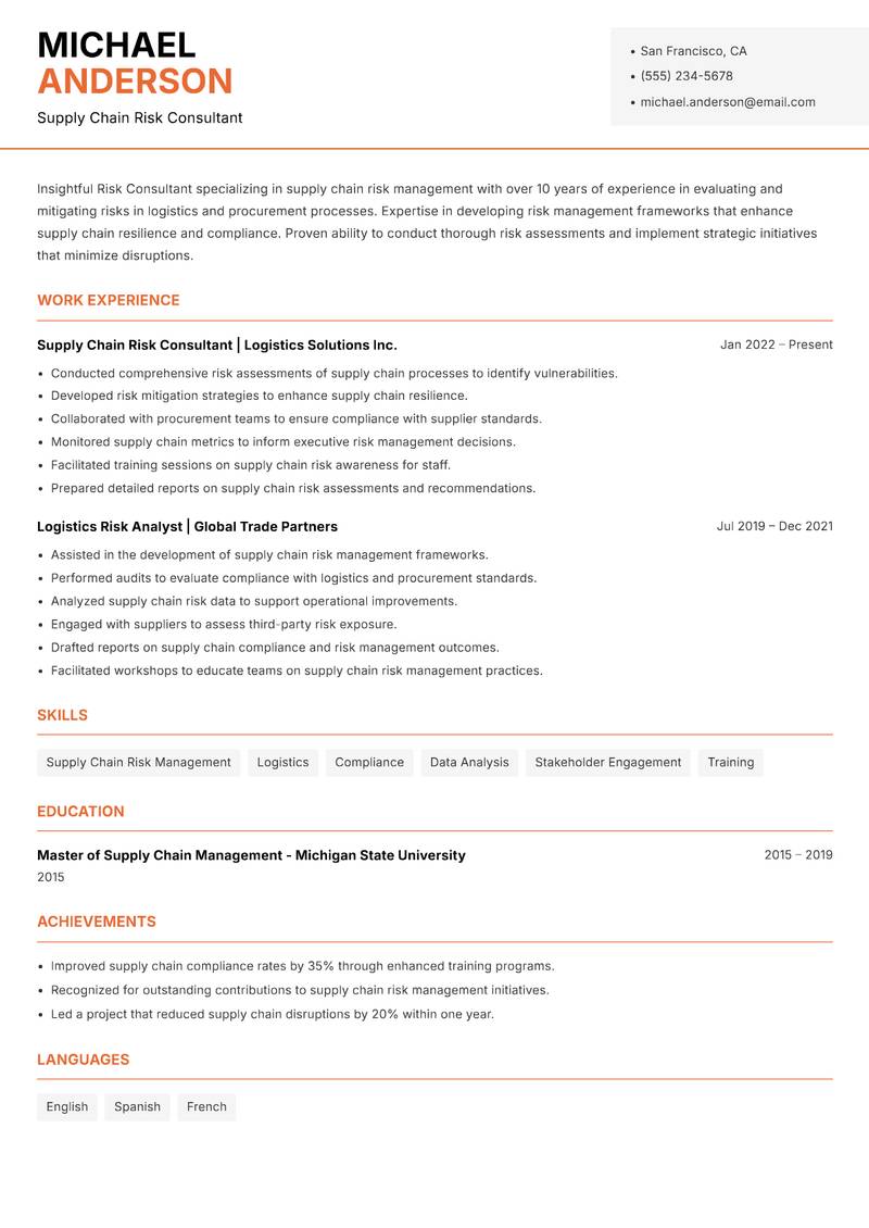 Risk Consultant resume template — Modern Professional