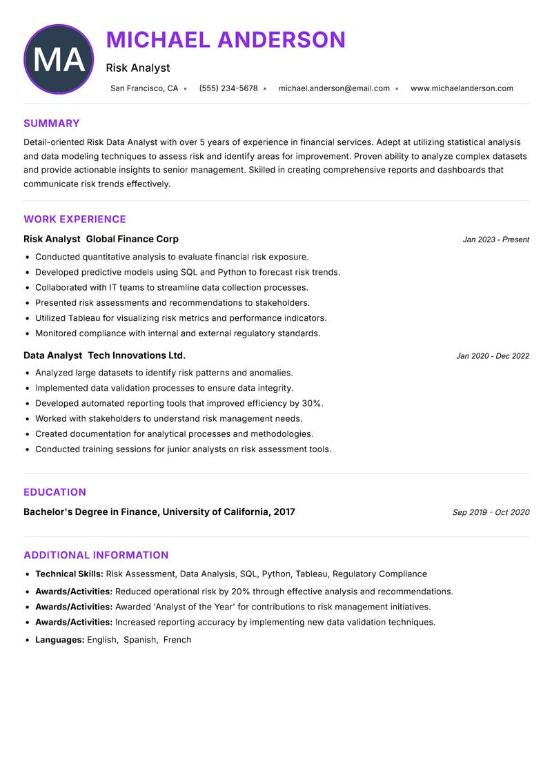 Risk Data Analyst resume example — ATS-friendly template