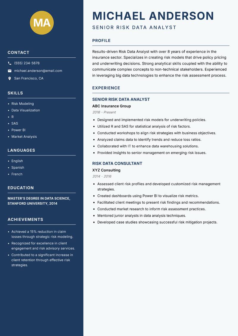 Risk Data Analyst resume template — Classic Clean