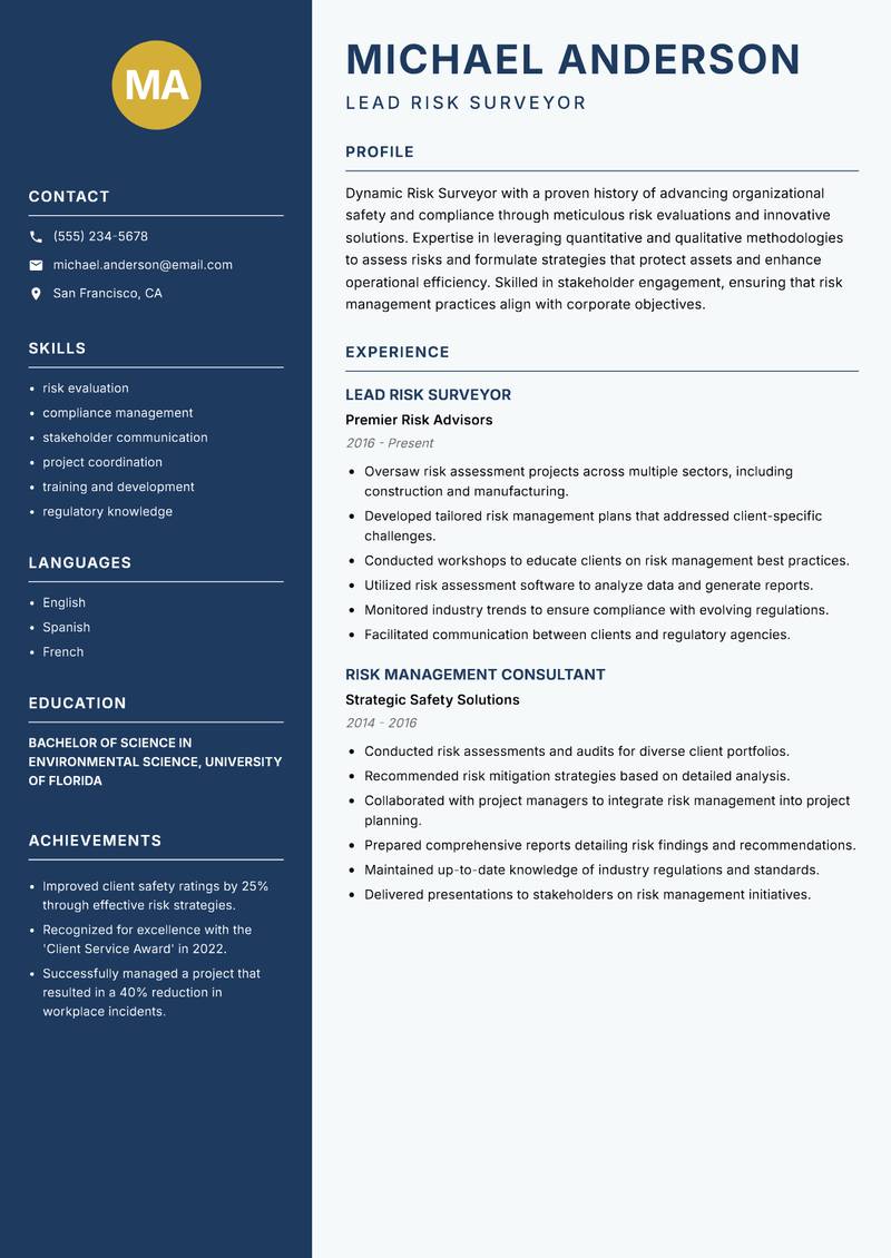 Risk Surveyor resume template — Classic Clean