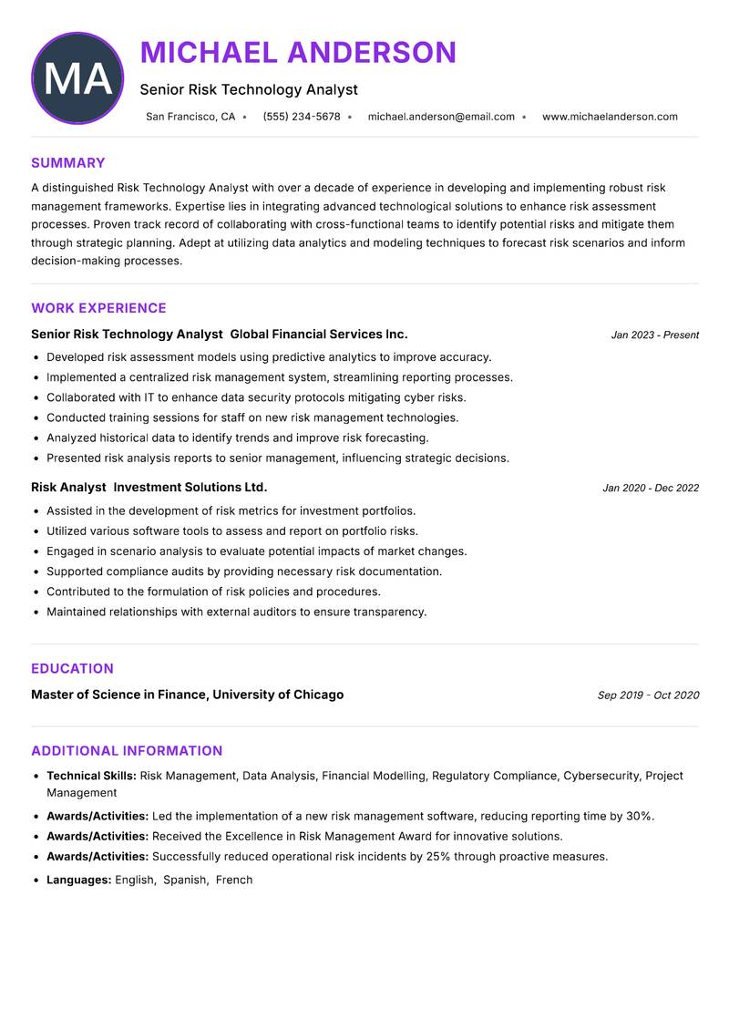 Risk Technology Analyst resume example — ATS-friendly template