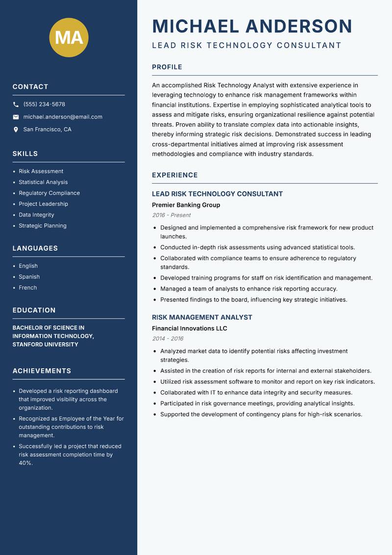 Risk Technology Analyst resume template — Classic Clean