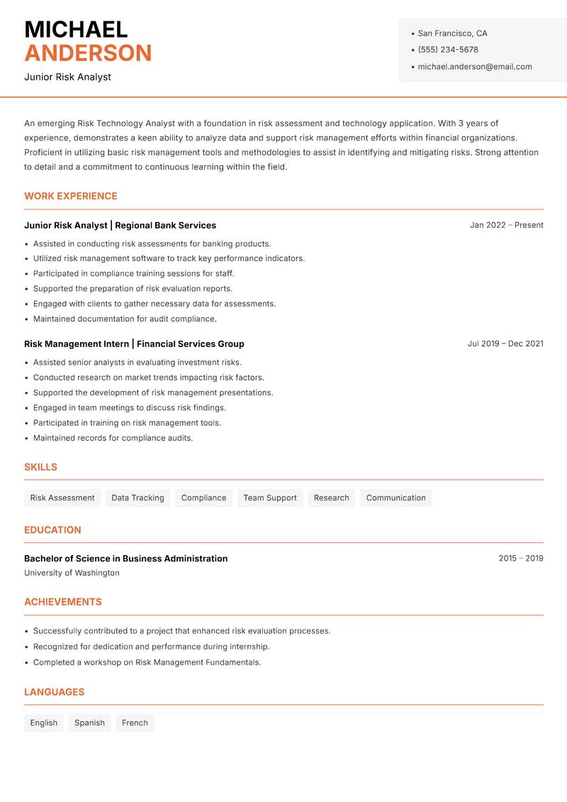 Risk Technology Analyst resume template — Modern Professional