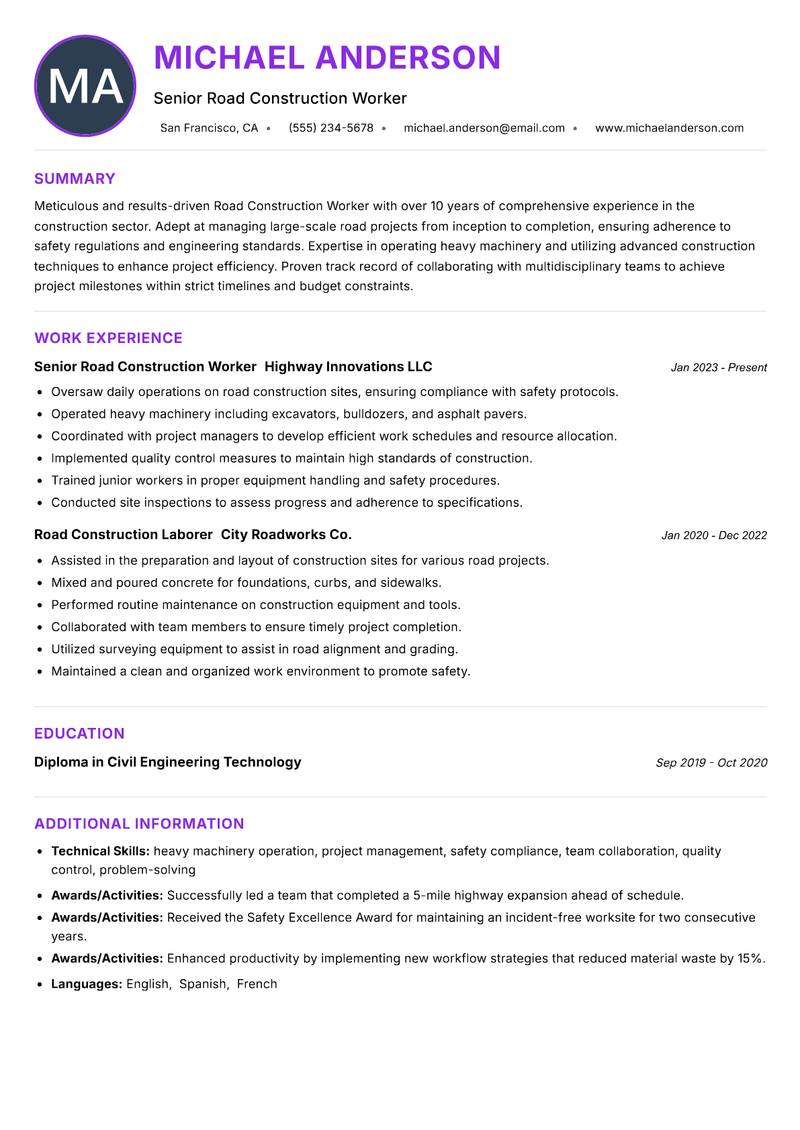 Road Construction Worker resume example — ATS-friendly template