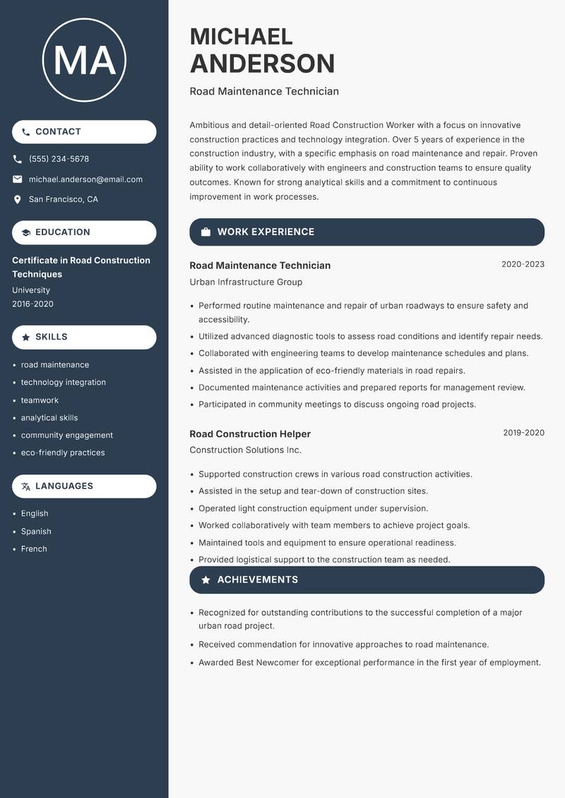 Road Construction Worker resume template — Compact