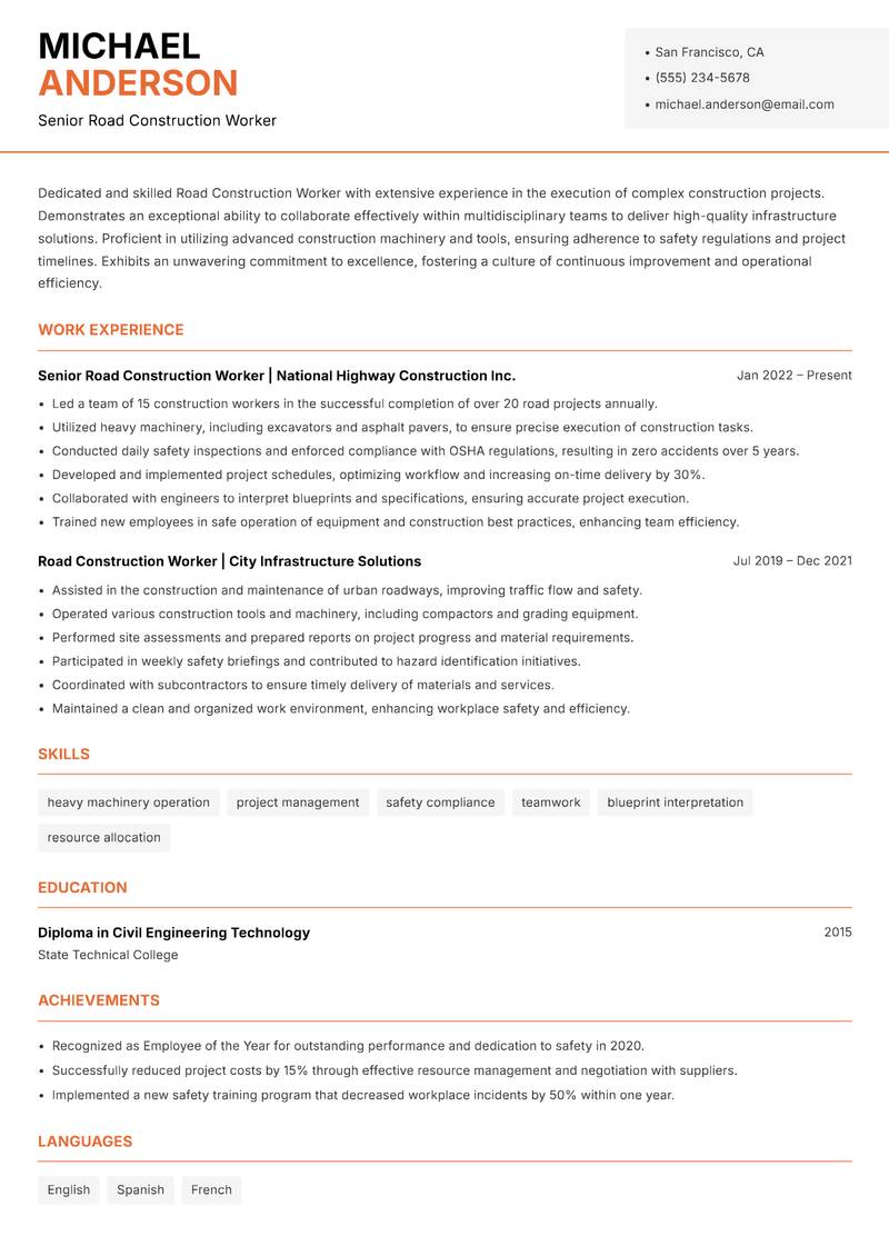 Road Construction Worker resume template — Modern Professional