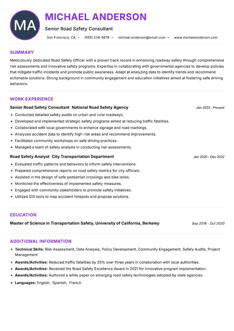 Road Safety Officer resume example — ATS-friendly template