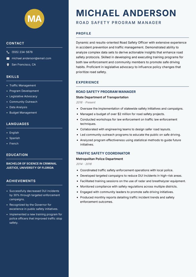 Road Safety Officer resume template — Classic Clean