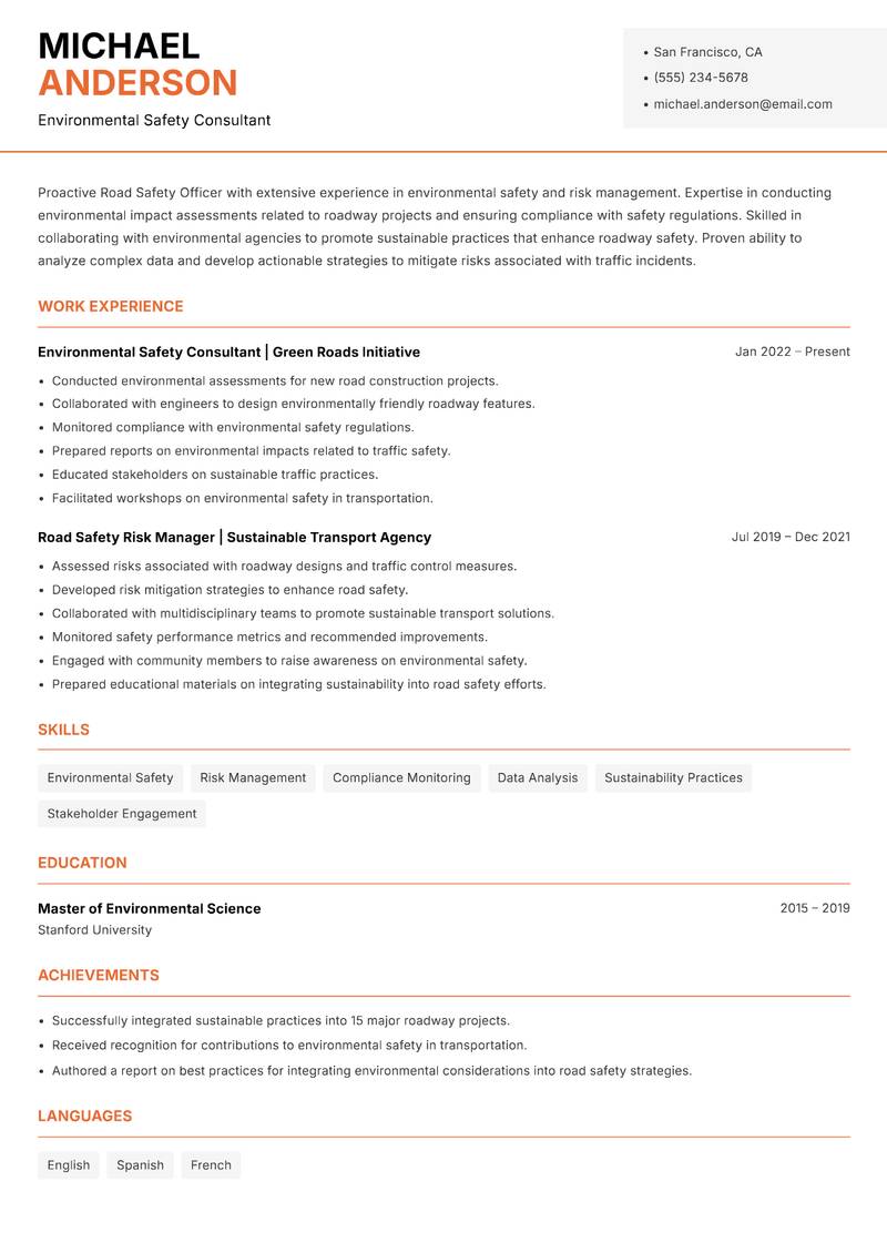 Road Safety Officer resume template — Modern Professional