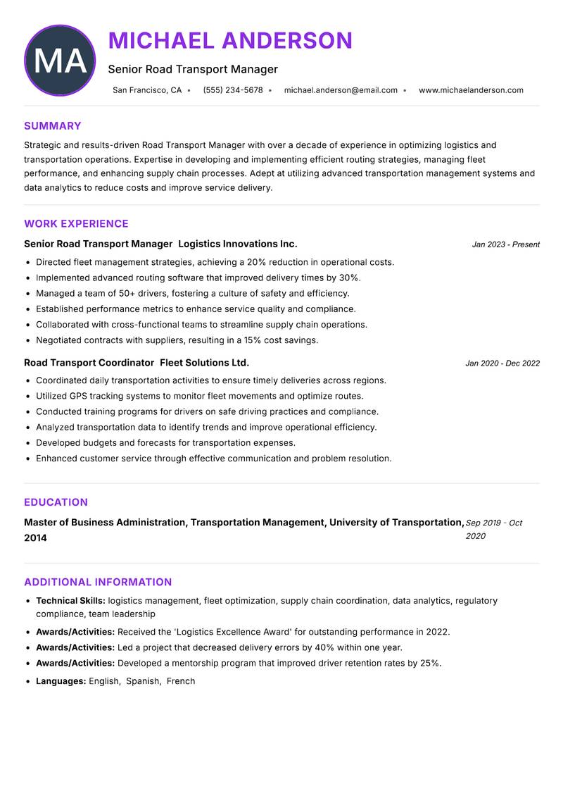 Road Transport Manager resume example — ATS-friendly template
