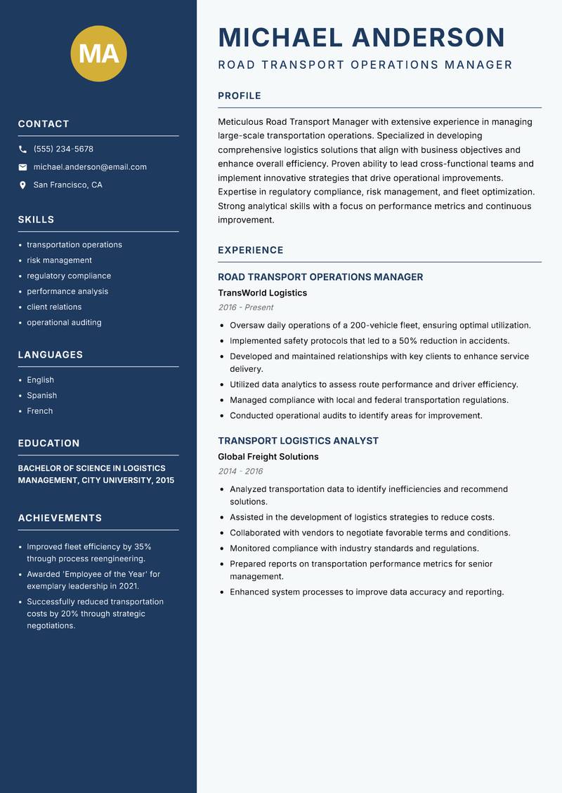 Road Transport Manager resume template — Classic Clean