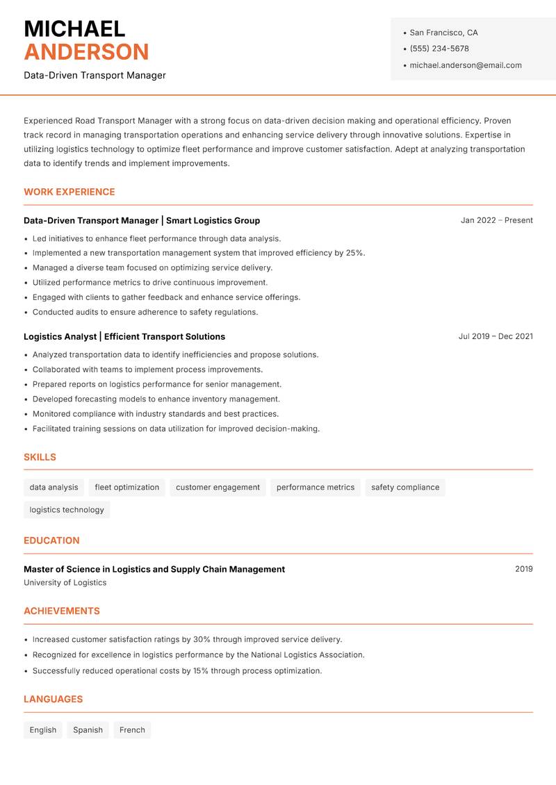 Road Transport Manager resume template — Modern Professional