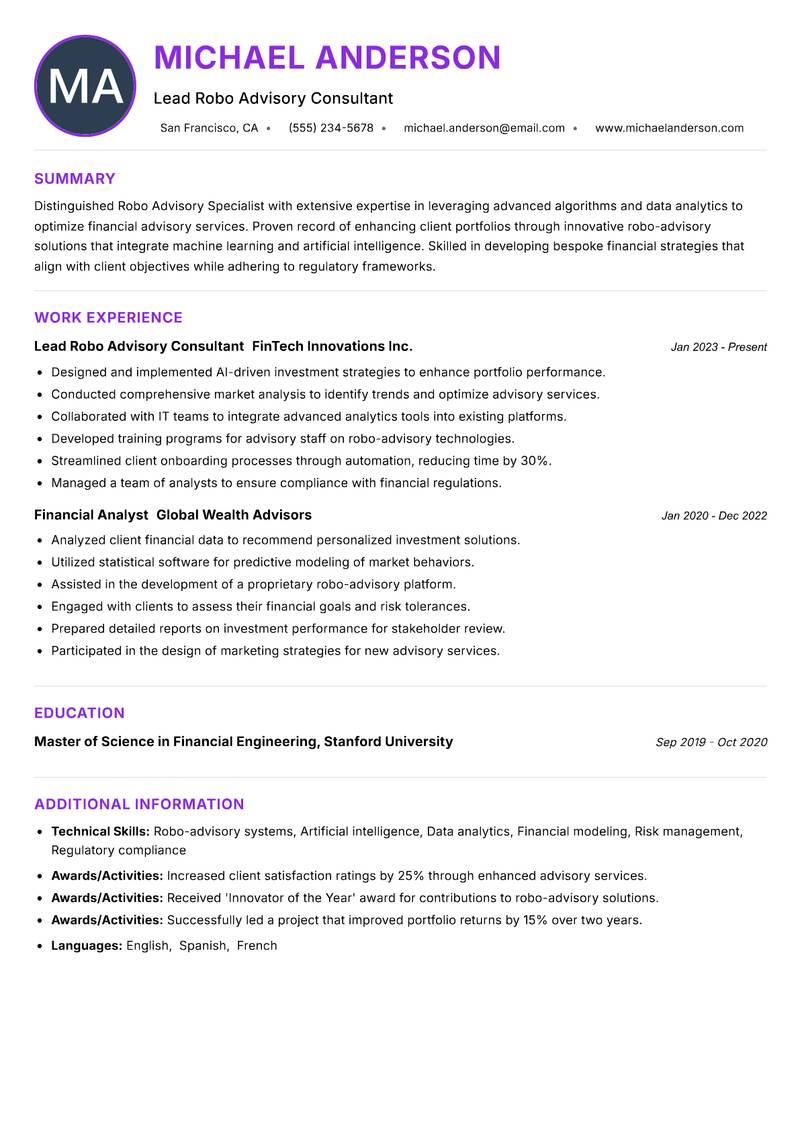 Robo Advisory Specialist resume example — ATS-friendly template