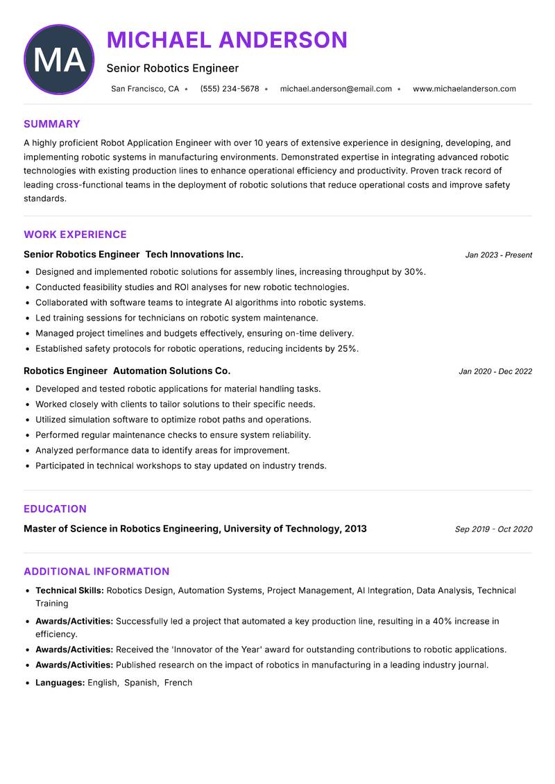 Robot Application Engineer resume example — ATS-friendly template