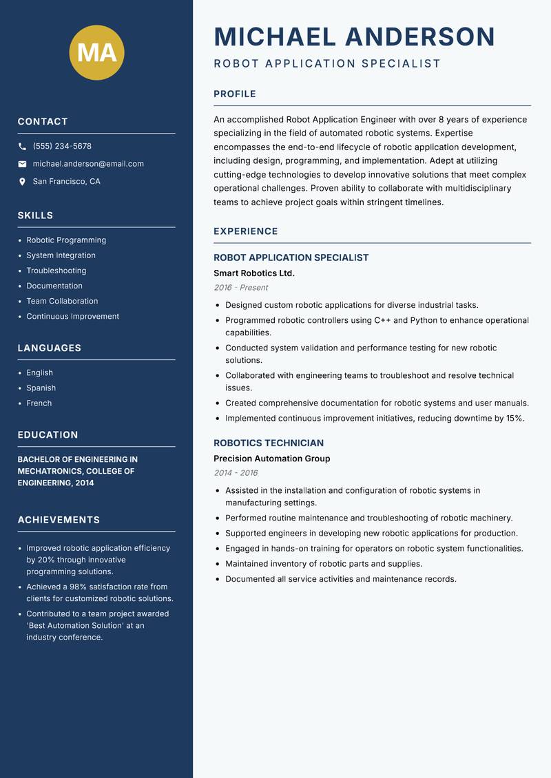 Robot Application Engineer resume template — Classic Clean
